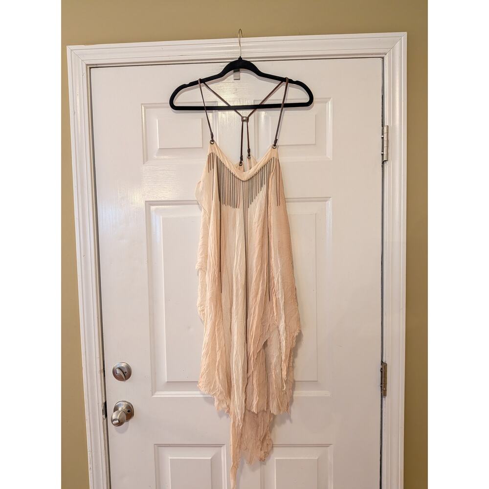 BESS NYC Silk Asymmetrical Boho Chain Fringe Mini Dress Size L Vintage Statement